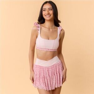 Blogilates Women's Ruffle Corset Sports Bra - Pink Gingham XS